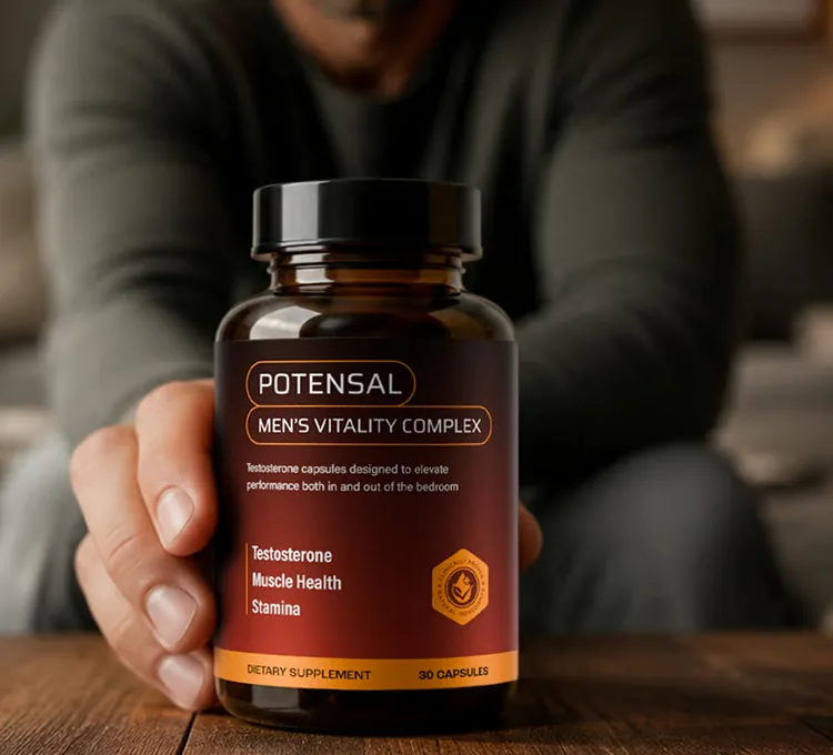 Étiquette du flacon de Potensal tenue en main, mention 30 capsules